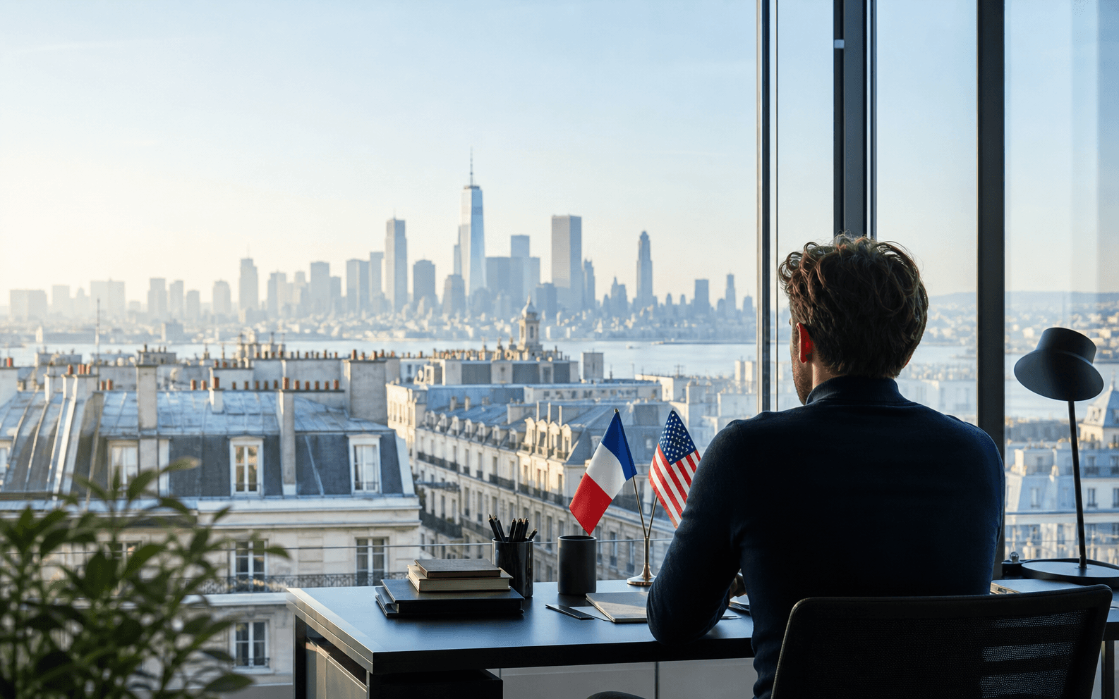 Entrepreneur français travaillant face à Paris et à la skyline de New York